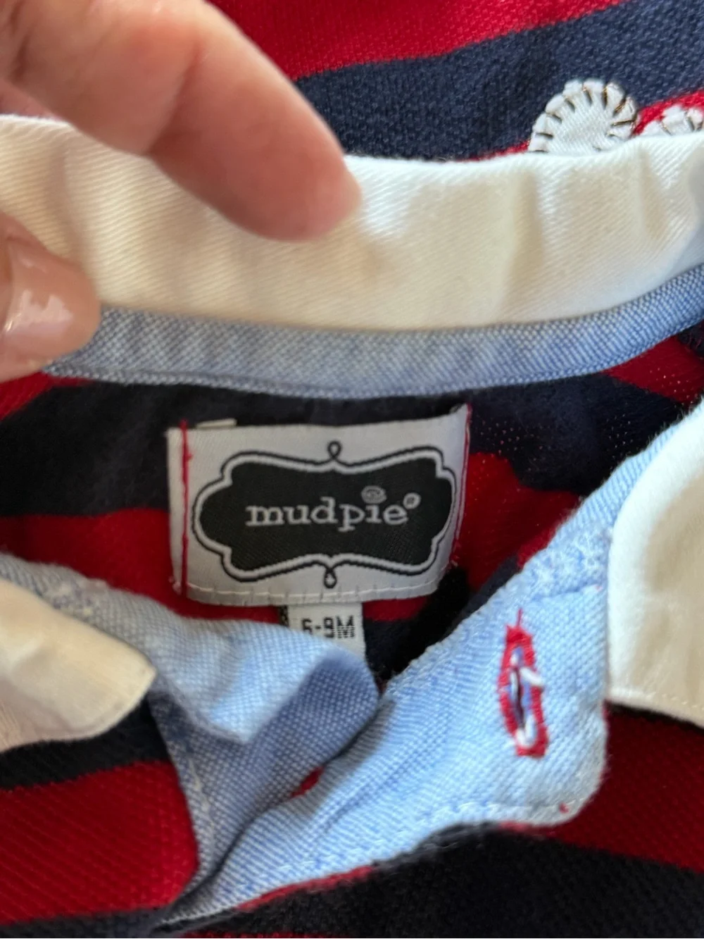 Mud Pie Baby 6-9M Red Navy Striped Polo Romper Puppy Dog Appliqué